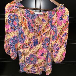 Trina Turk Blouse Womens Small Pink Orange Blue Floral Silk Boho Peasant Top